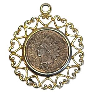 Vintage 1903 Indian Head Penny Set In Gold Tone‎ WLP Pendant